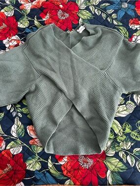 Petal & Pup Sage Green Off-the-Shoulder Ribbed Wrap Sweater